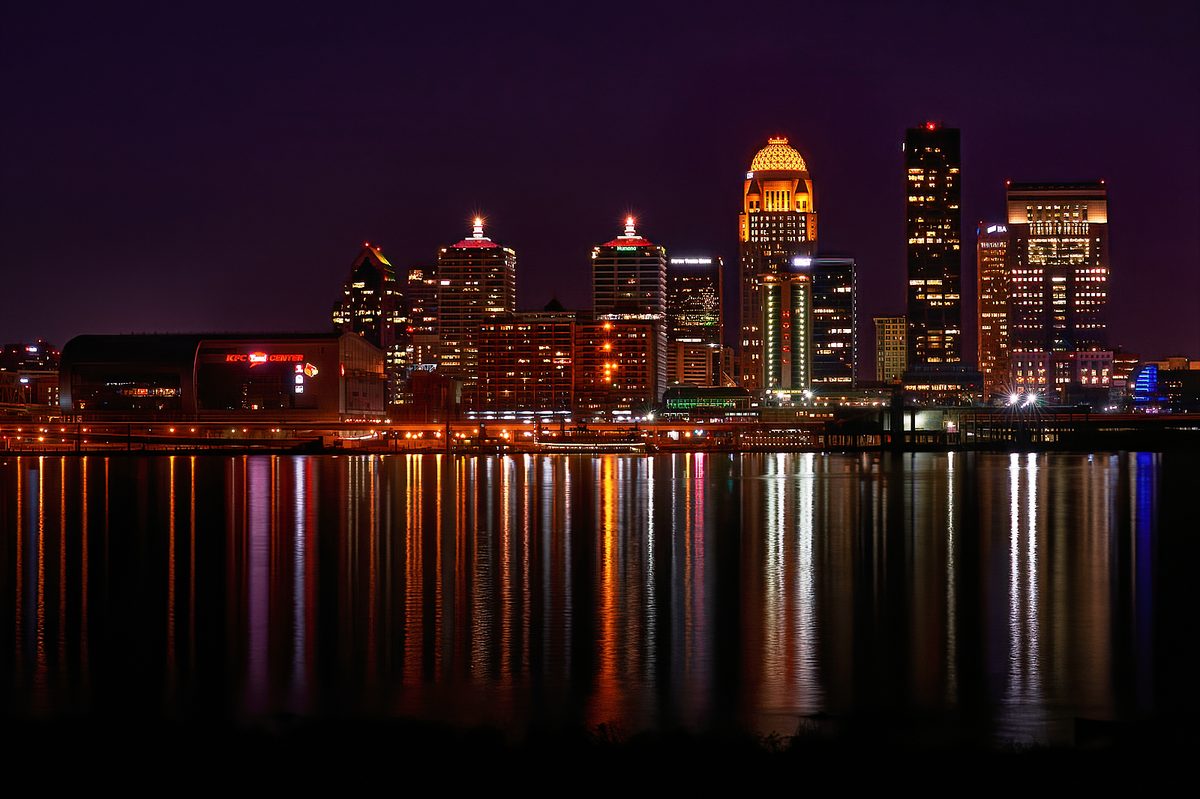 Downtown Louisville Kentucky skyline along the Ohio River